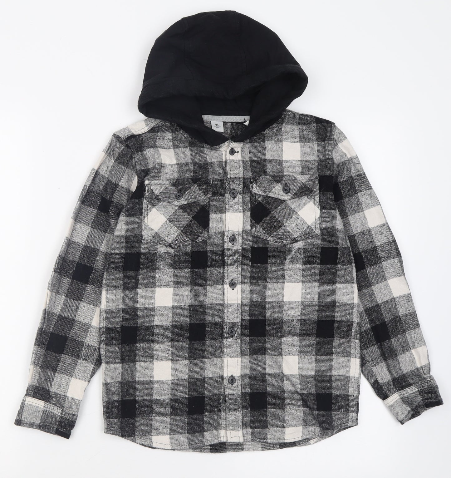 TU Boys Black Check Cotton Basic Button-Up Size 10 Years Crew Neck Button