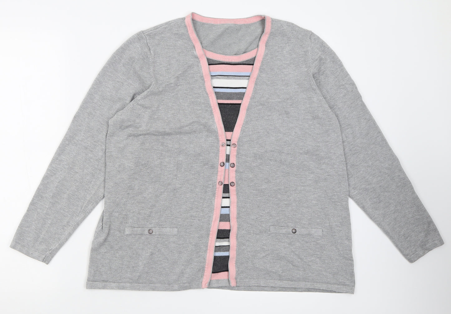 Preworn Womens Grey Crew Neck Striped Viscose Pullover Jumper Size L