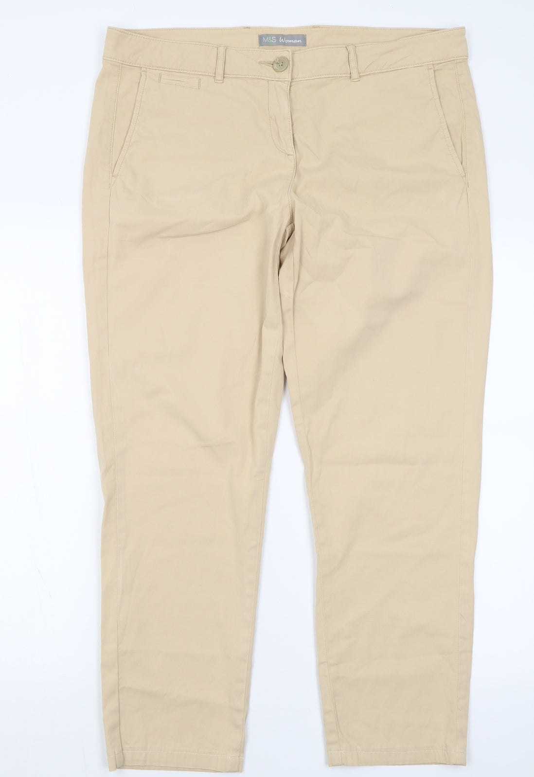 Marks and Spencer Womens Beige  Cotton Trousers  Size 14 L27 in Regular Button