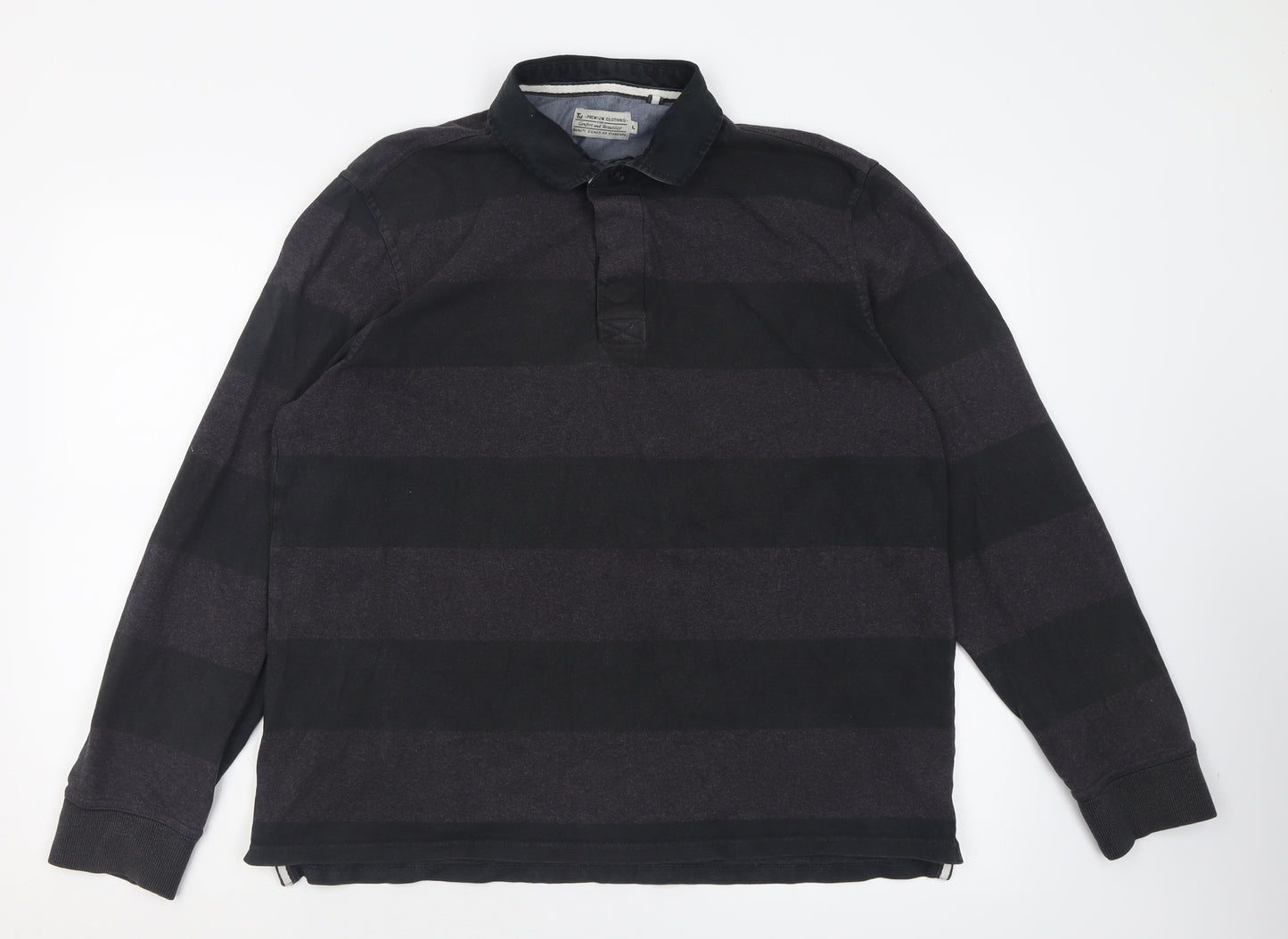 TU Mens Grey Striped Cotton  Polo Size L Collared Button