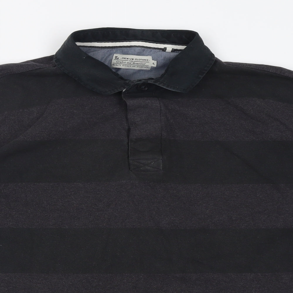 TU Mens Grey Striped Cotton  Polo Size L Collared Button