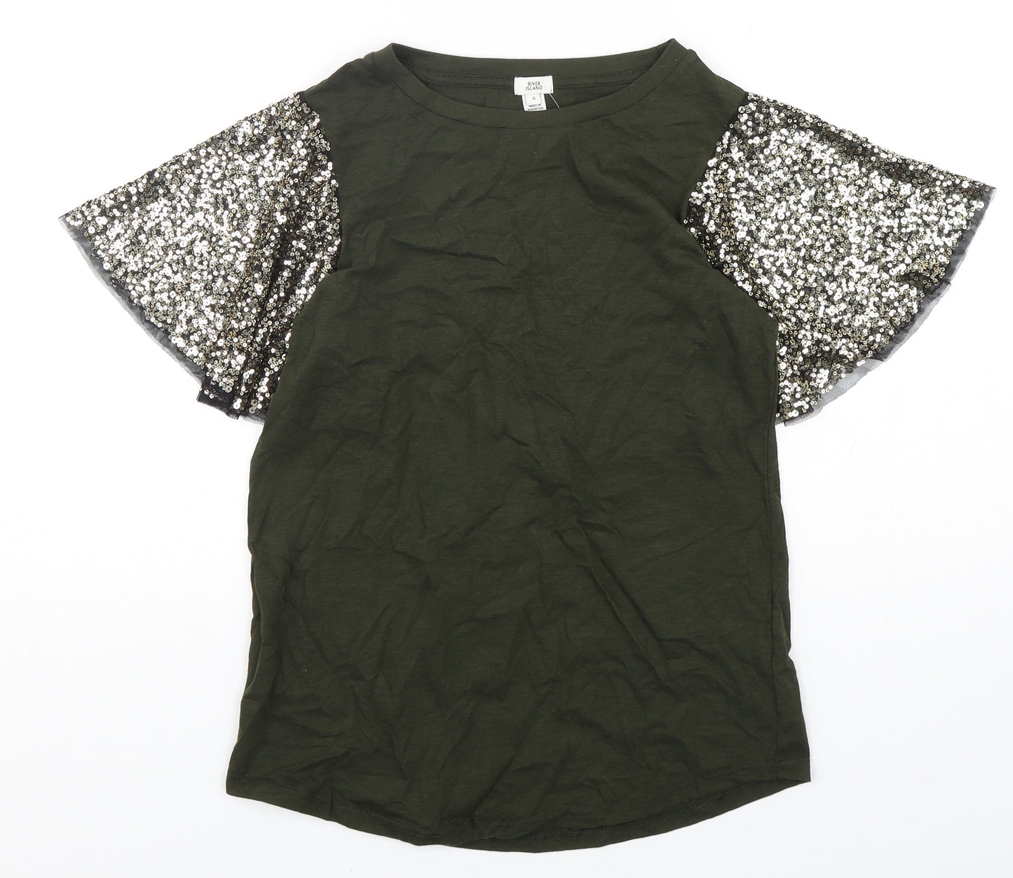 River Island Womens Green  Cotton Basic T-Shirt Size 6 Round Neck