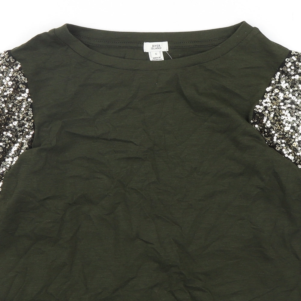 River Island Womens Green  Cotton Basic T-Shirt Size 6 Round Neck