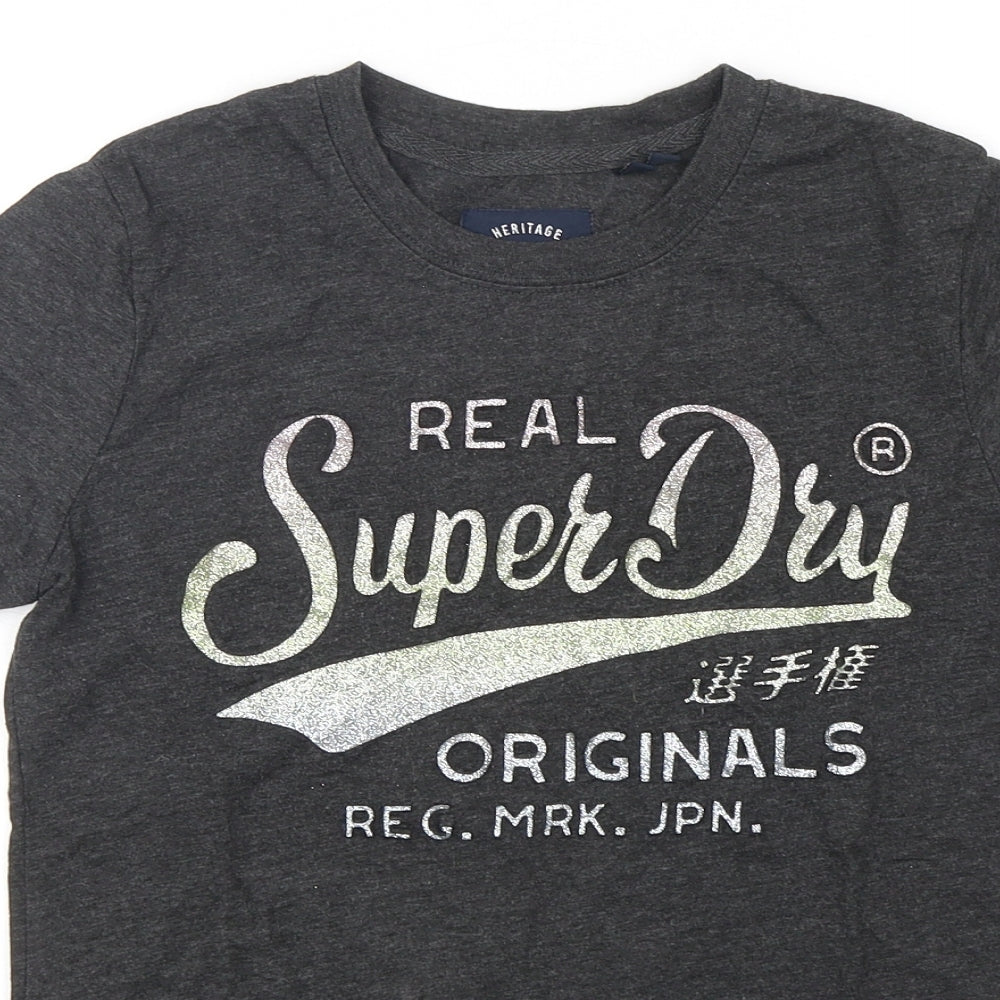 Superdry Womens Grey  Cotton Basic T-Shirt Size 8 Round Neck