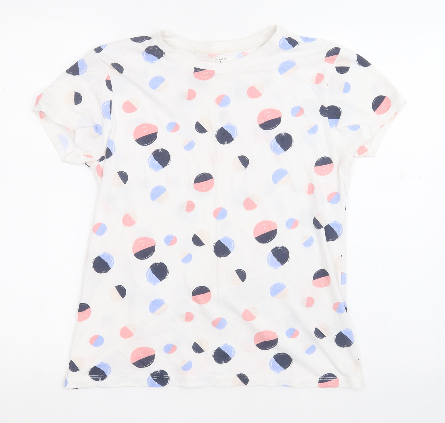 Primark Womens White Geometric Cotton Basic T-Shirt Size 10 Round Neck