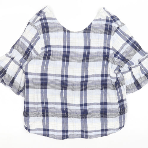 Marks and Spencer Womens Blue Check Viscose Basic Blouse Size 14 Round Neck