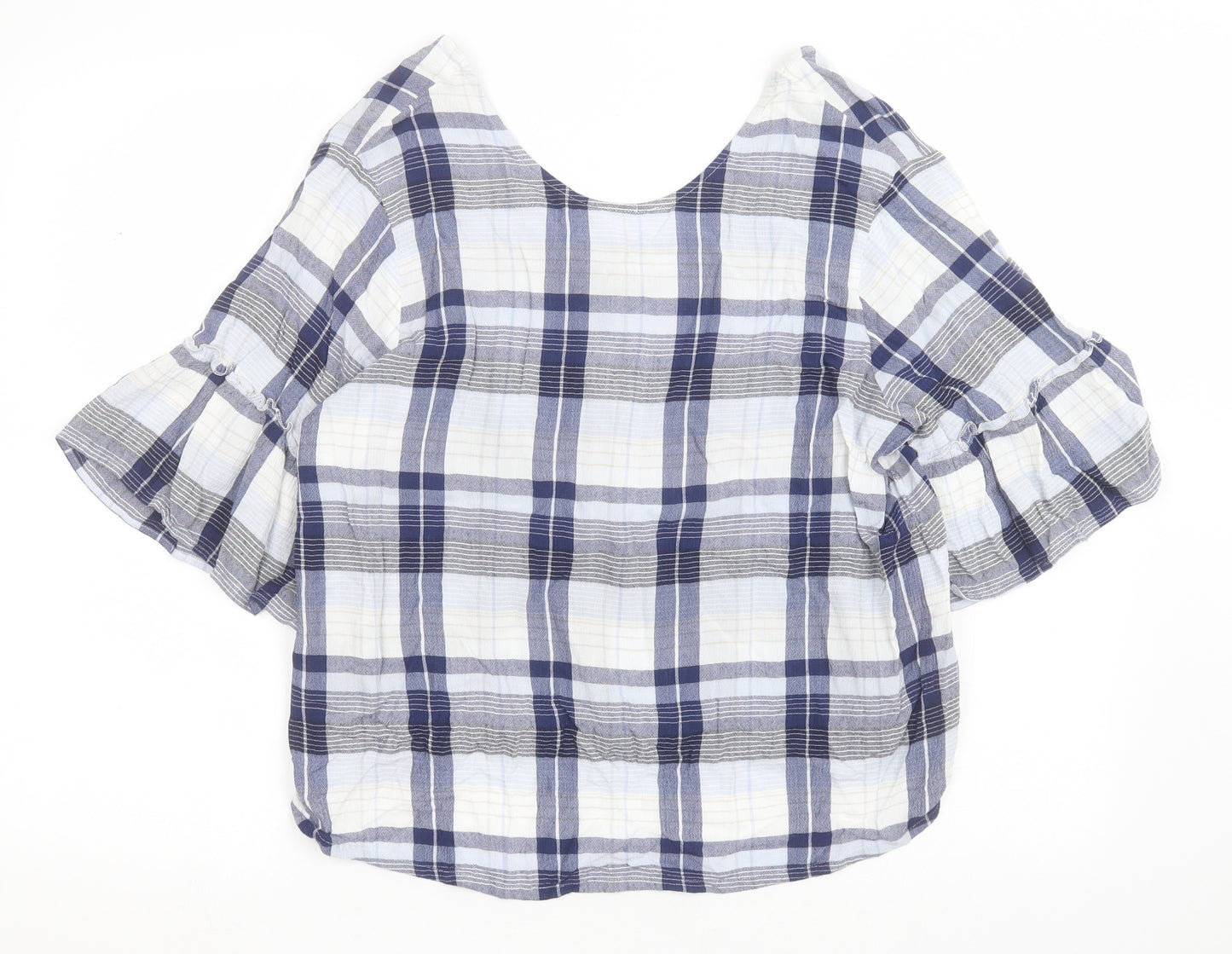 Marks and Spencer Womens Blue Check Viscose Basic Blouse Size 14 Round Neck