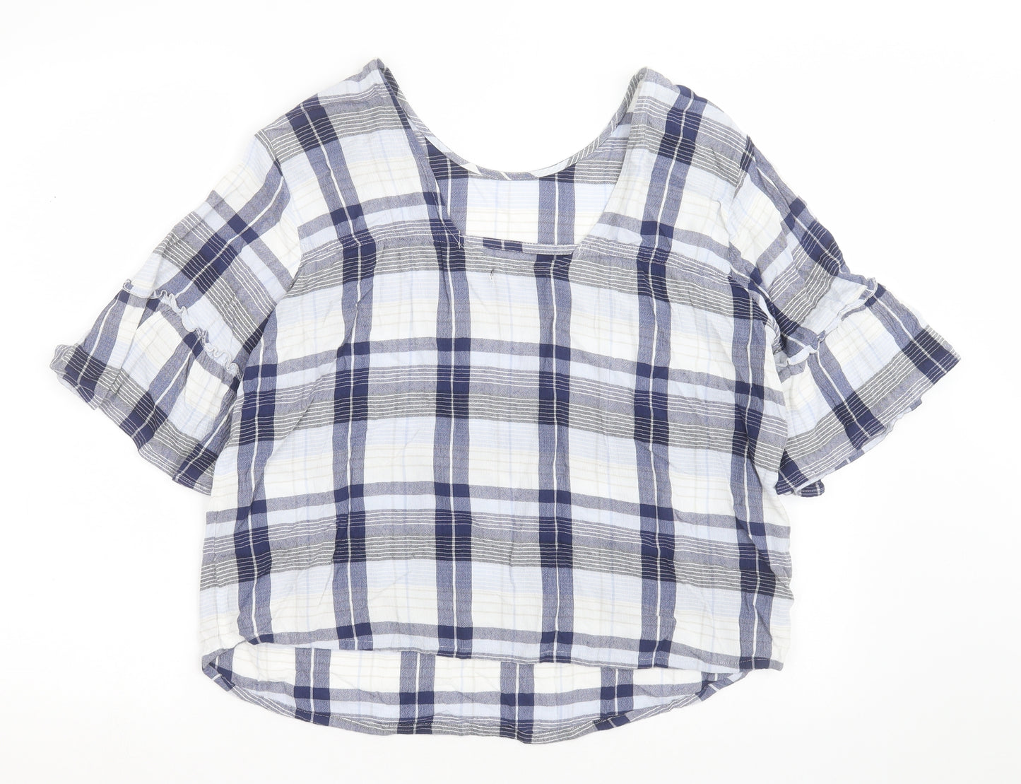 Marks and Spencer Womens Blue Check Viscose Basic Blouse Size 14 Round Neck