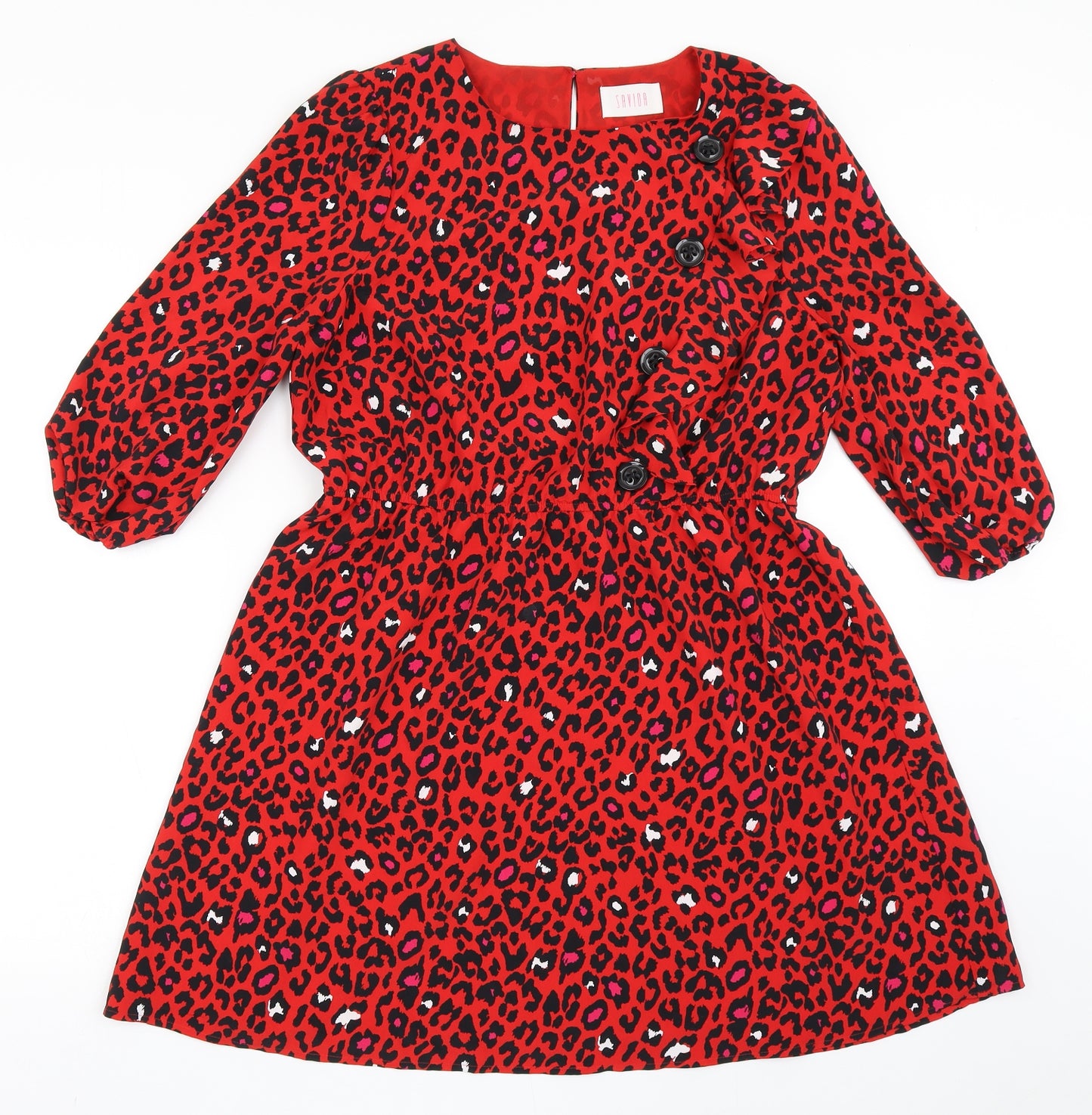Savida Womens Red Animal Print Polyester A-Line  Size M  Round Neck Button