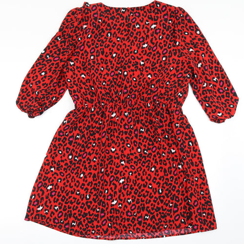 Savida Womens Red Animal Print Polyester A-Line  Size M  Round Neck Button