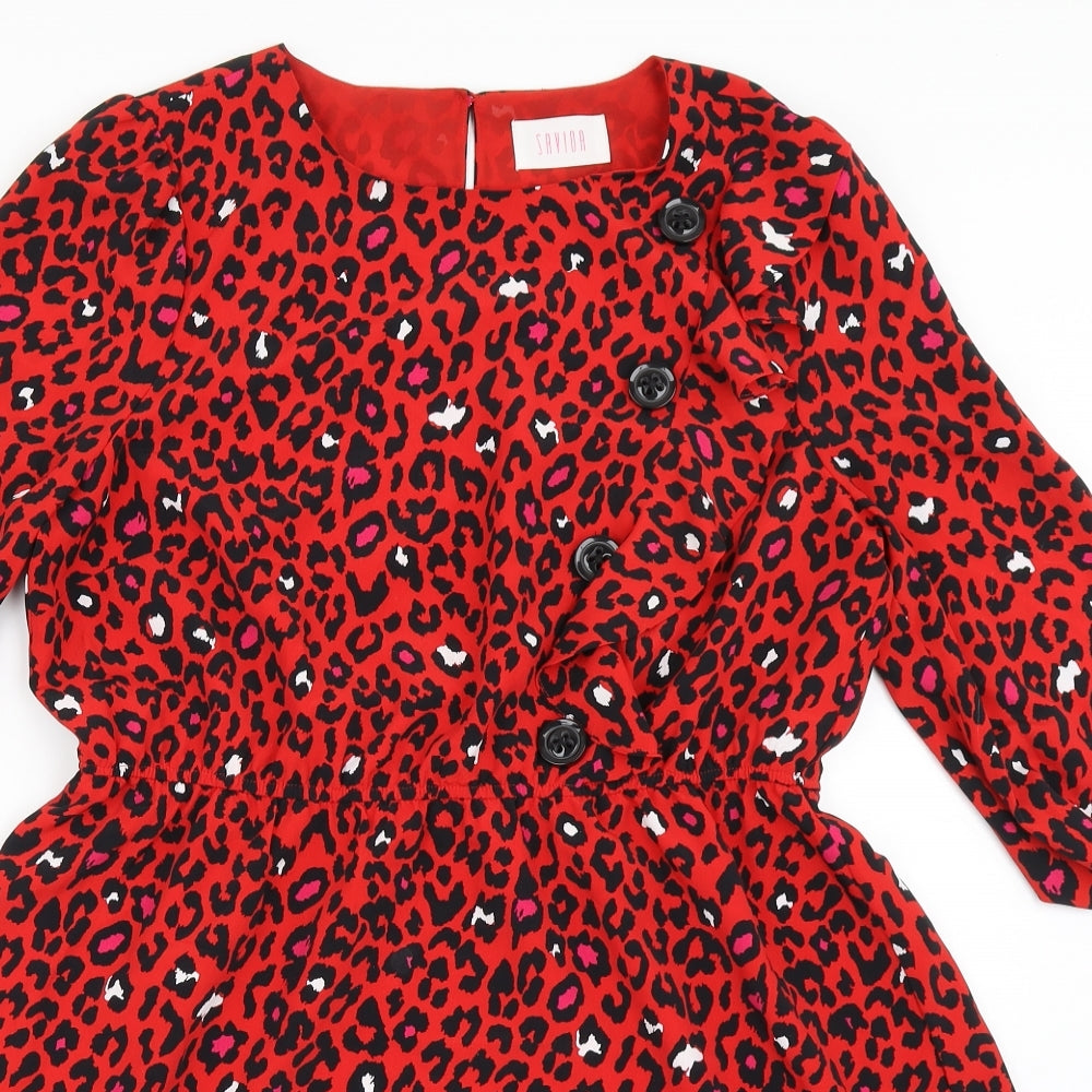 Savida Womens Red Animal Print Polyester A-Line  Size M  Round Neck Button