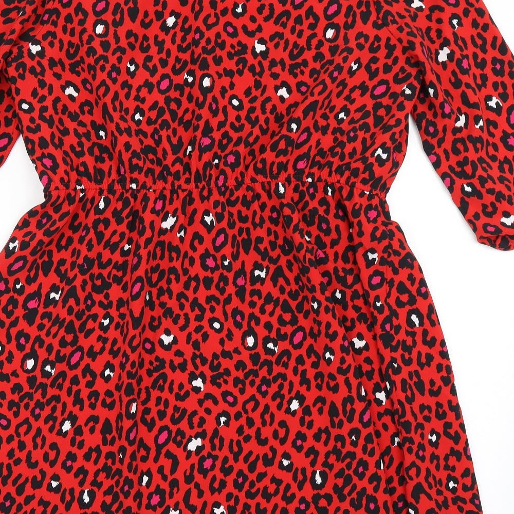 Savida Womens Red Animal Print Polyester A-Line  Size M  Round Neck Button