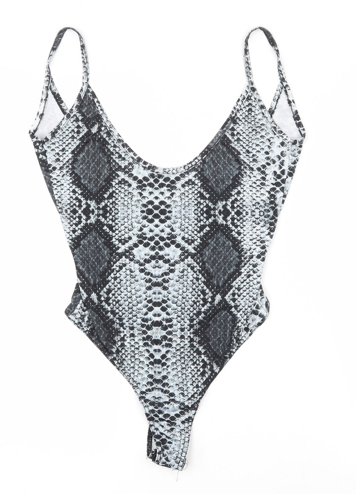 PRETTYLITTLETHING Womens Grey Animal Print Polyester Bodysuit One-Piece Size 8 Snap
