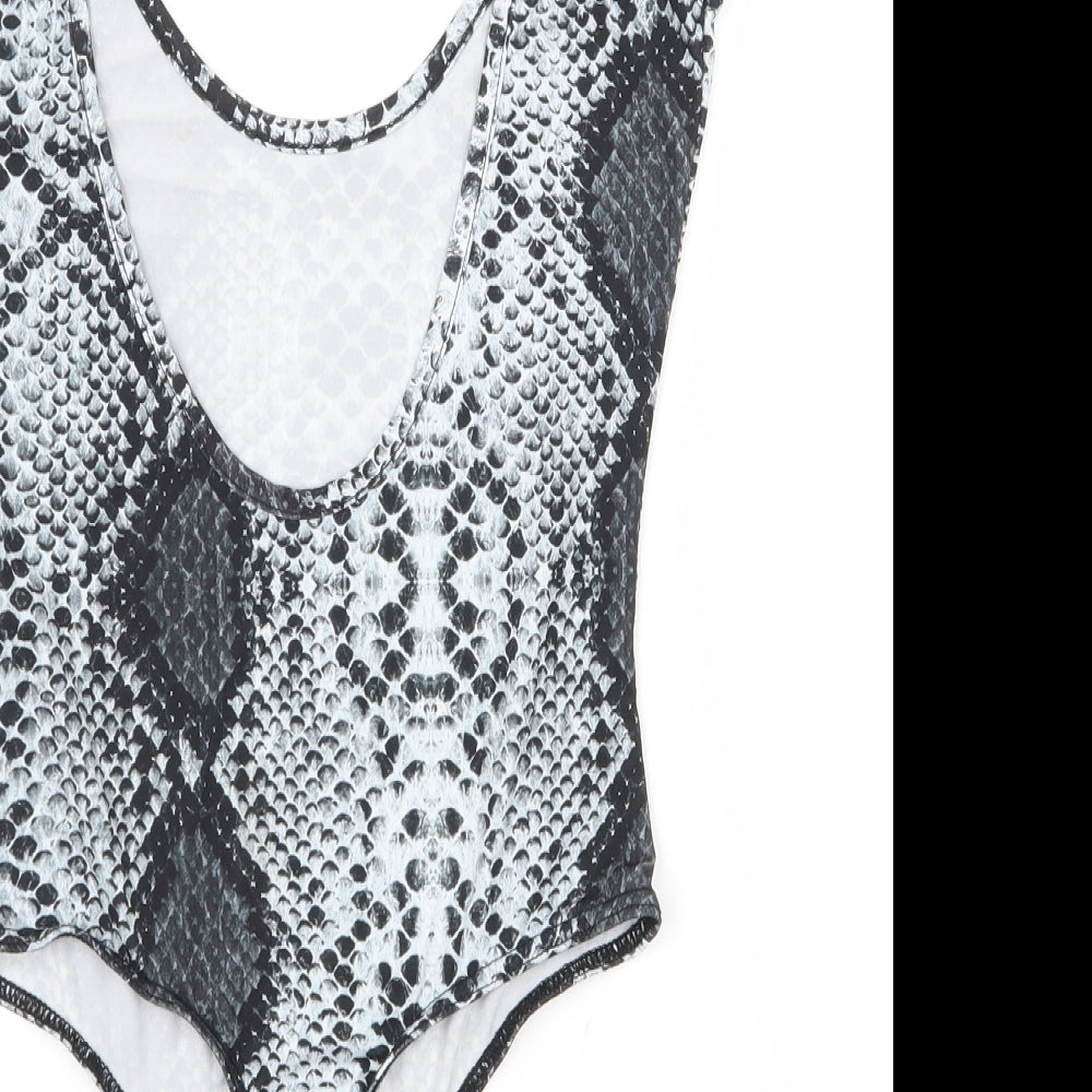 PRETTYLITTLETHING Womens Grey Animal Print Polyester Bodysuit One-Piece Size 8  Snap
