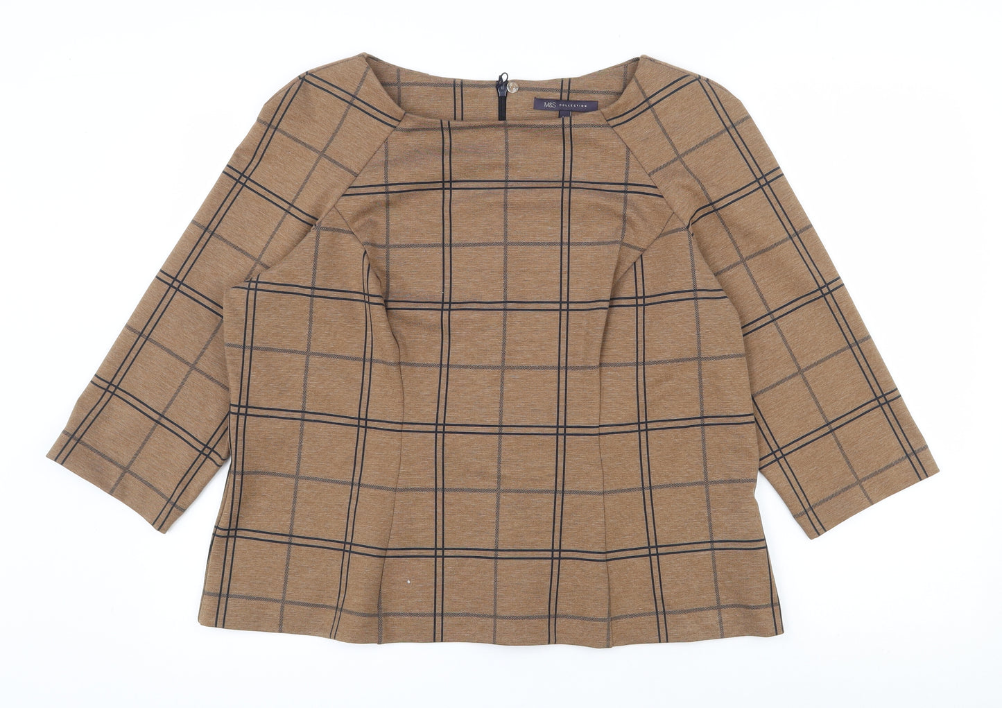 Marks and Spencer Womens Brown Plaid Polyester  Blouse Size 20 Boat Neck