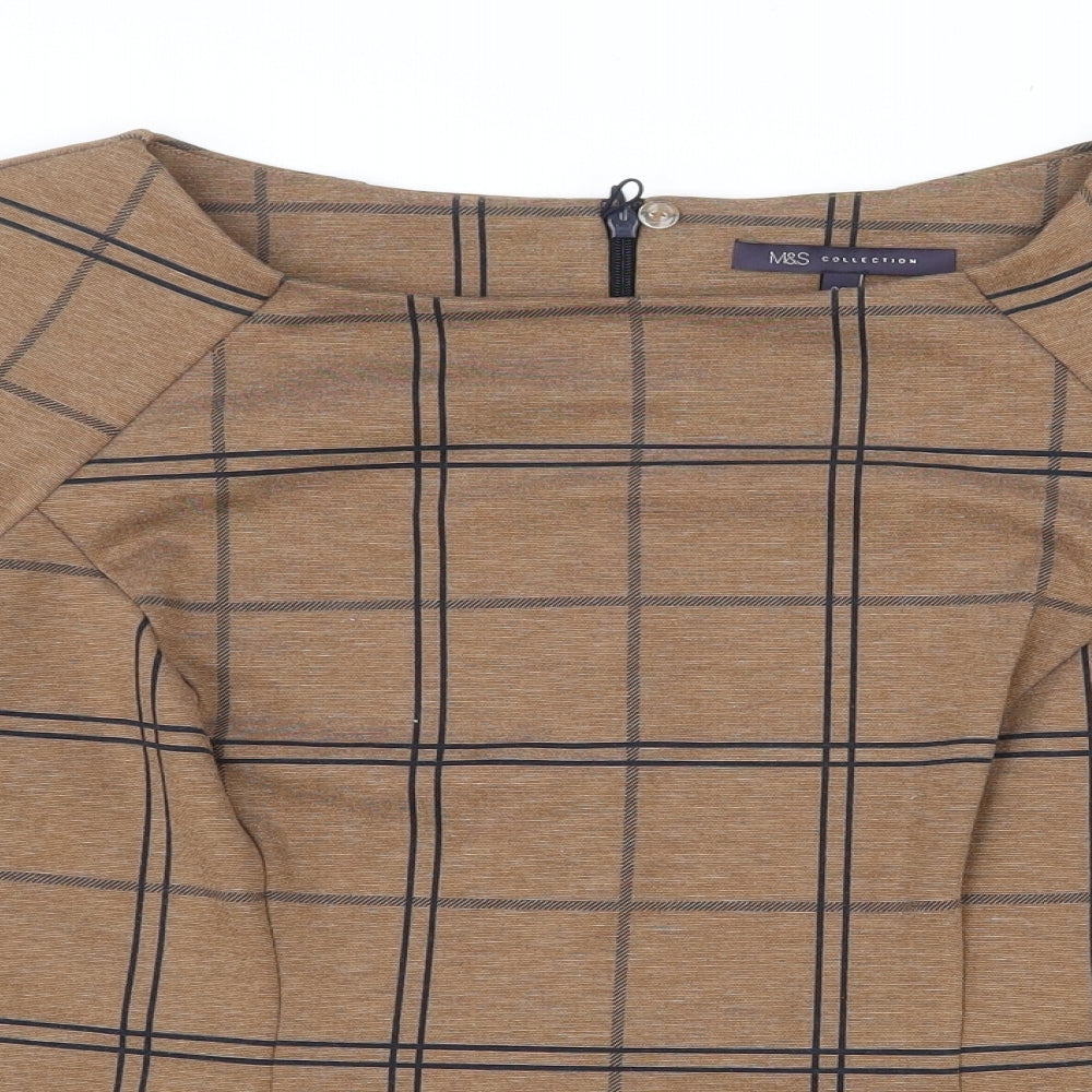 Marks and Spencer Womens Brown Plaid Polyester  Blouse Size 20 Boat Neck