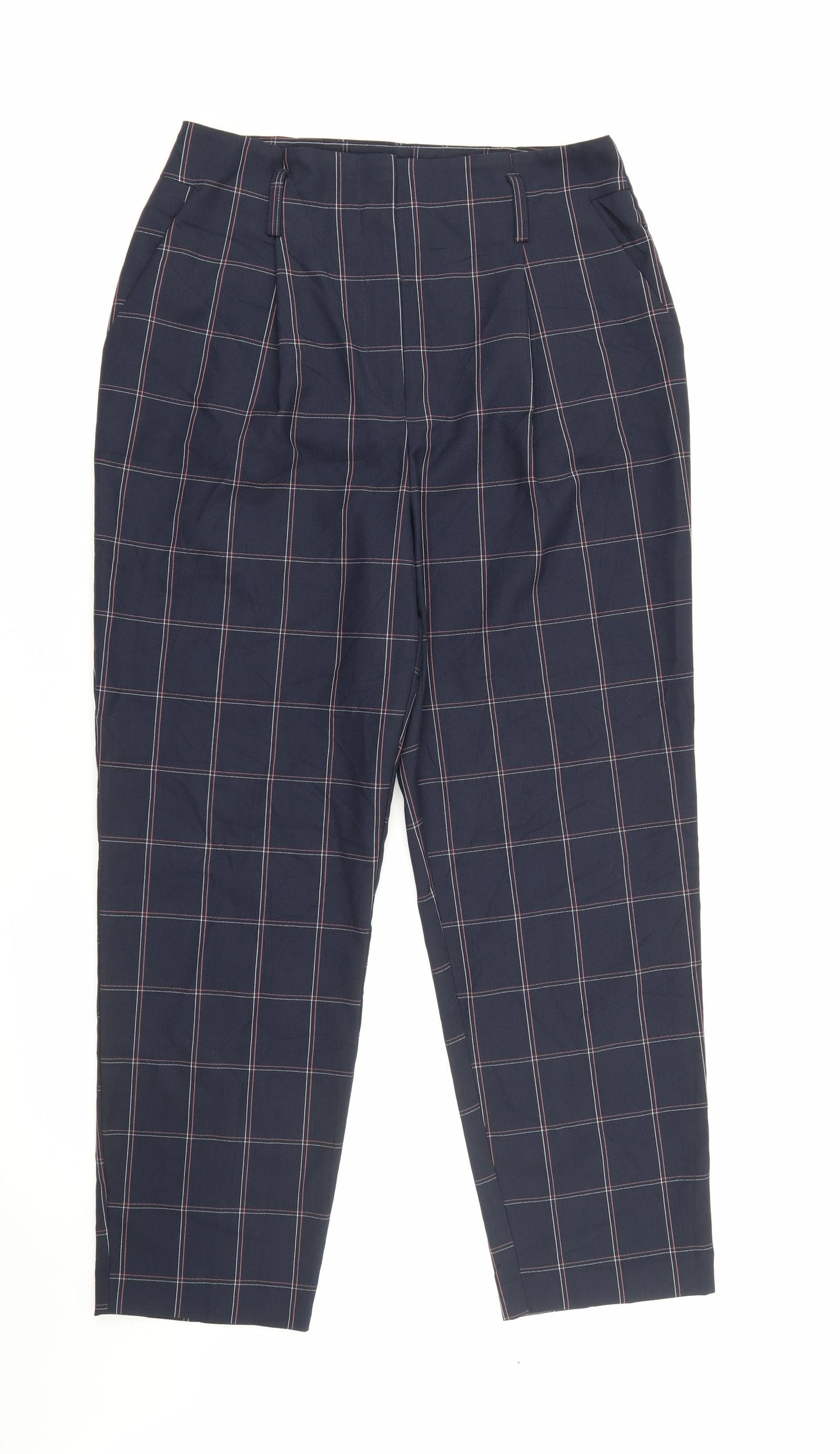 Warehouse Womens Blue Plaid Polyester Carrot Trousers Size 10 L26 in Regular Zip