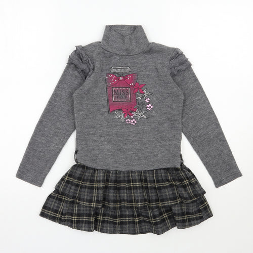 Shialy  Girls Grey Plaid Cotton Jumper Dress  Size 10 Years  High Neck Pullover