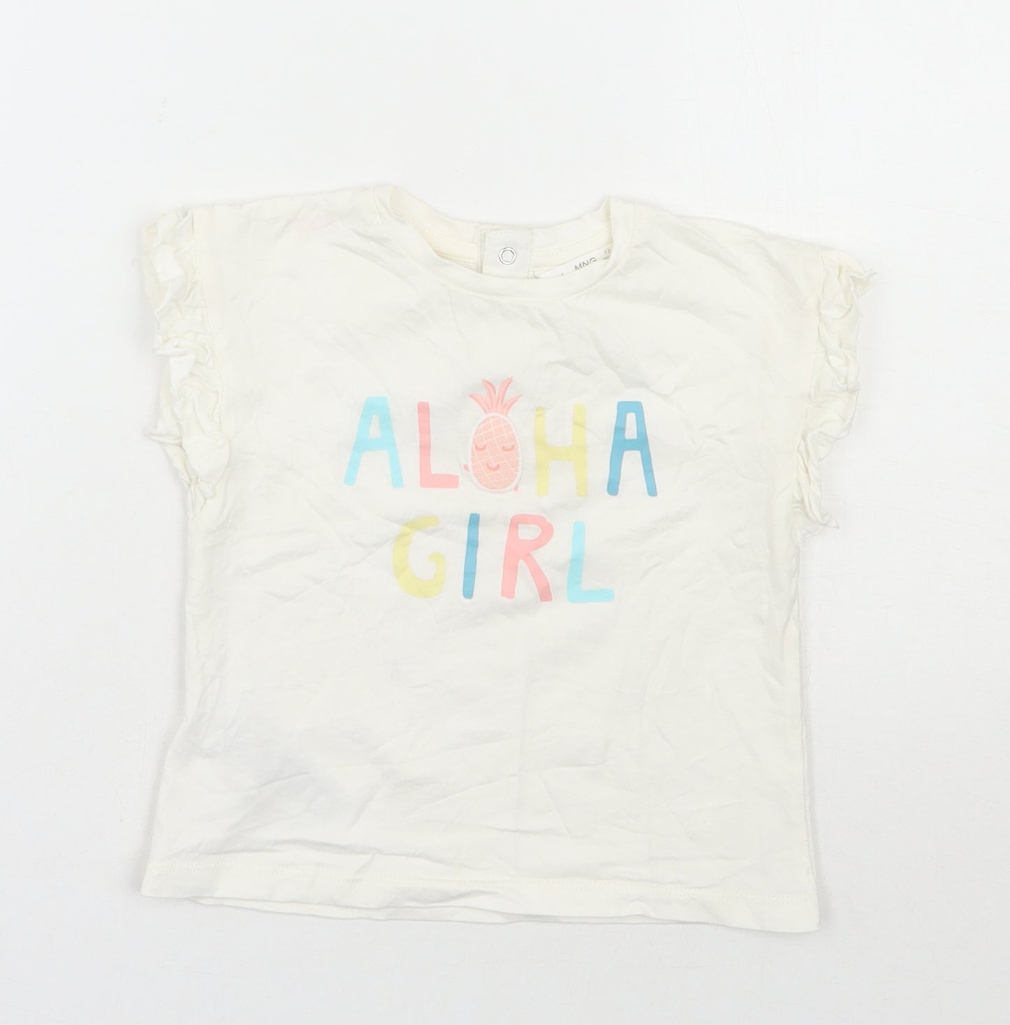 MNG  Girls Ivory  100% Cotton Basic T-Shirt Size 12-18 Months Round Neck Snap