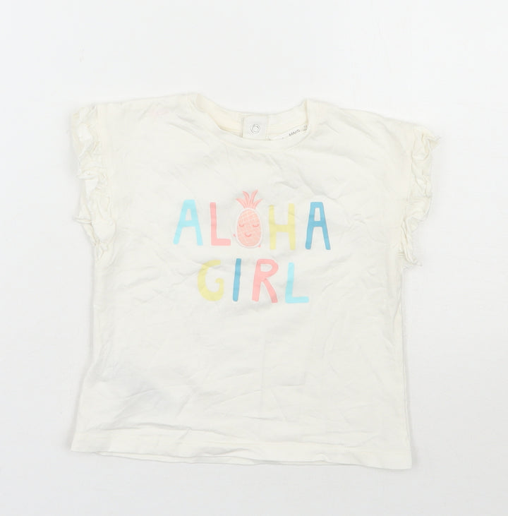 MNG  Girls Ivory  100% Cotton Basic T-Shirt Size 12-18 Months Round Neck Snap