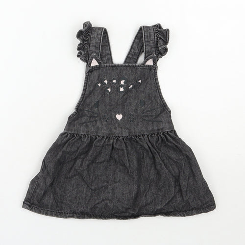 F&F Girls Black  100% Cotton Pinafore/Dungaree Dress  Size 9-12 Months  Square Neck Button