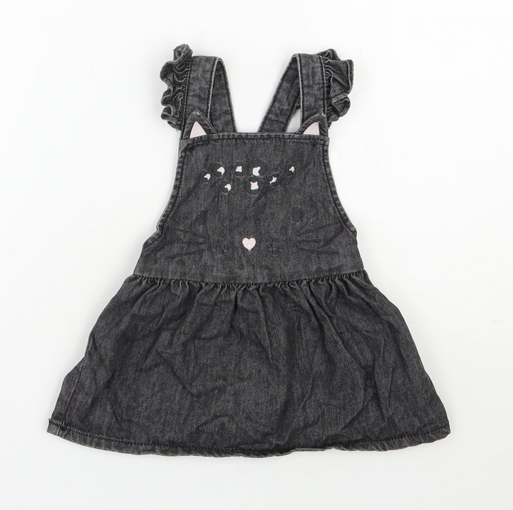 F&F Girls Black 100% Cotton Pinafore/Dungaree Dress Size 9-12 Months Square Neck Button