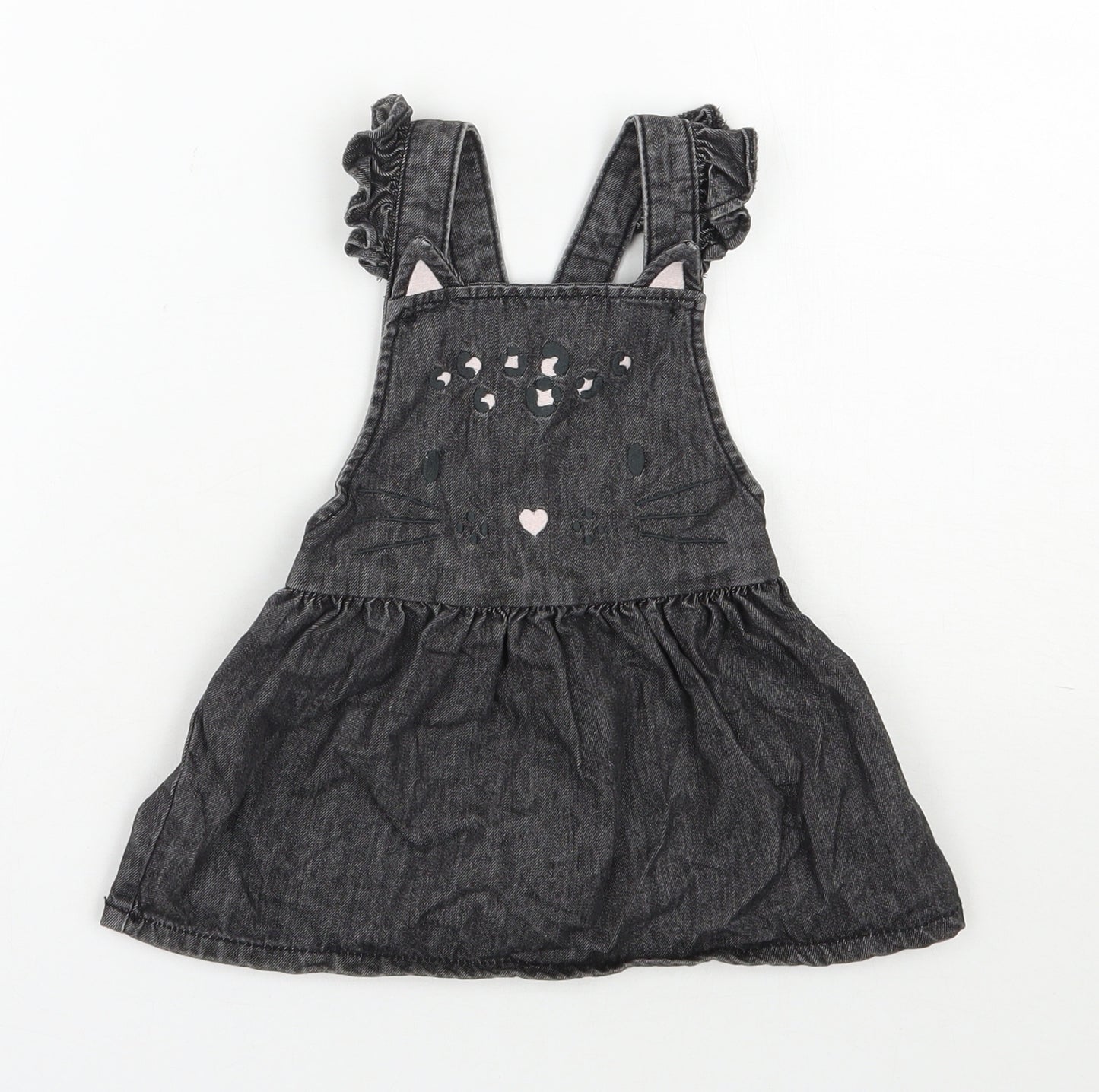 F&F Girls Black  100% Cotton Pinafore/Dungaree Dress  Size 9-12 Months  Square Neck Button