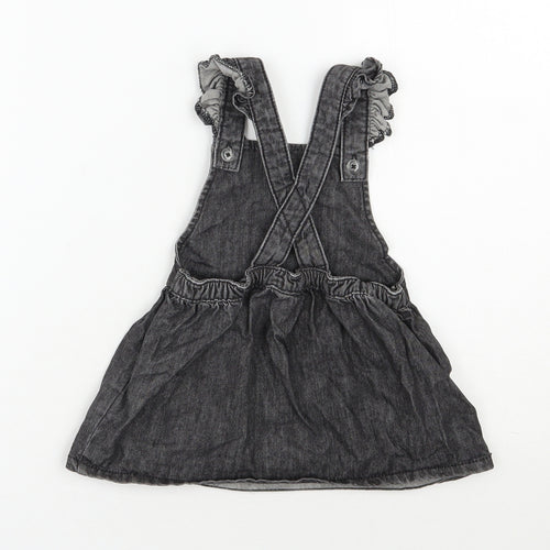 F&F Girls Black  100% Cotton Pinafore/Dungaree Dress  Size 9-12 Months  Square Neck Button