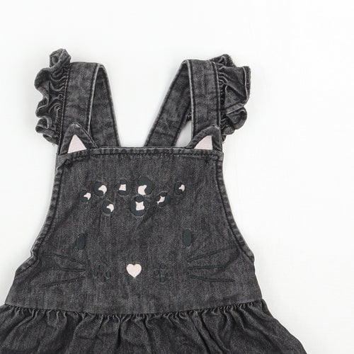 F&F Girls Black  100% Cotton Pinafore/Dungaree Dress  Size 9-12 Months  Square Neck Button