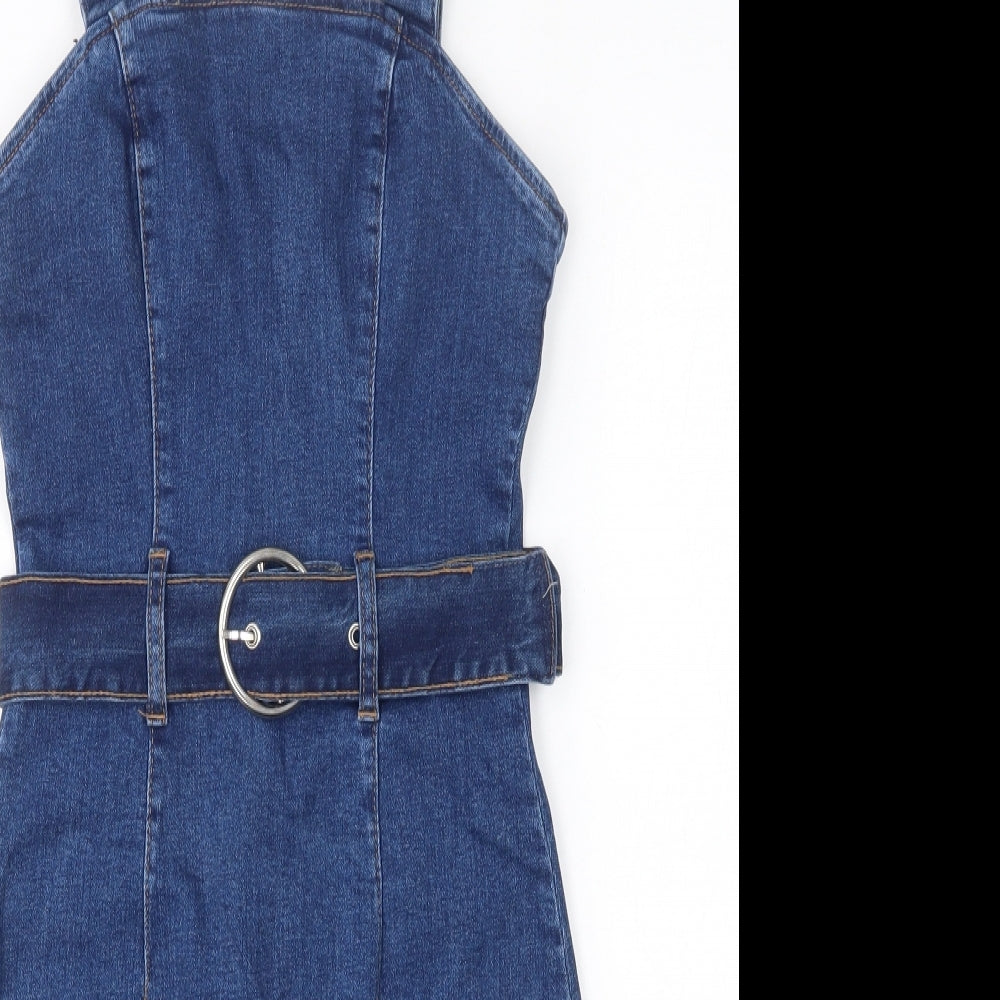 Primark Womens Blue  Cotton Skater Dress  Size 8  Square Neck Button