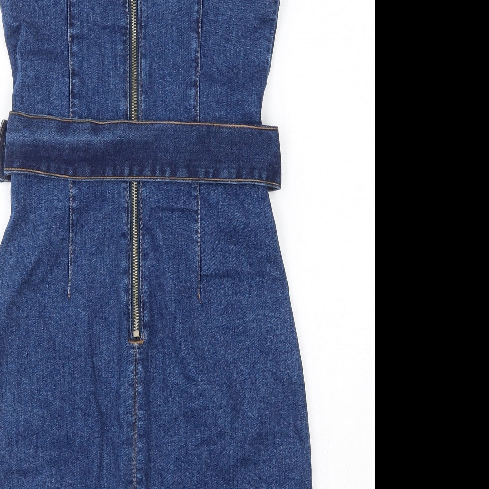 Primark Womens Blue  Cotton Skater Dress  Size 8  Square Neck Button