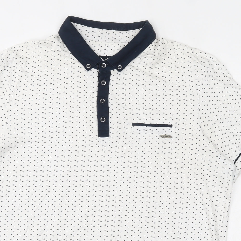 Bewley Ritch  Mens White Geometric 100% Cotton  Polo Size XL Collared Button