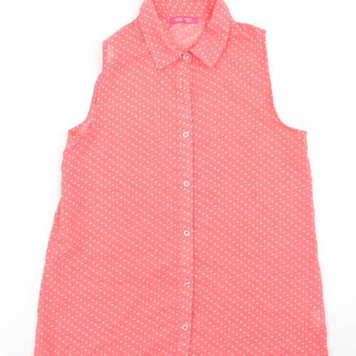 Young Dimension Girls Pink Polka Dot Polyester Basic Button-Up Size 12-13 Years Collared Button