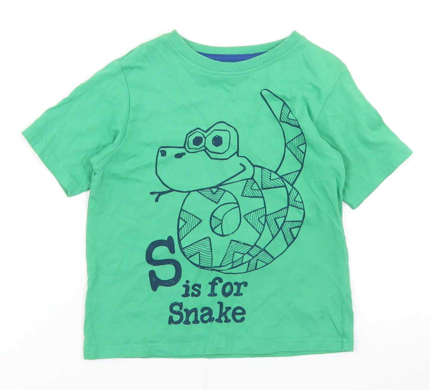 Marks and Spencer Boys Green  Cotton Basic T-Shirt Size 5-6 Years Crew Neck  - S is for Snake