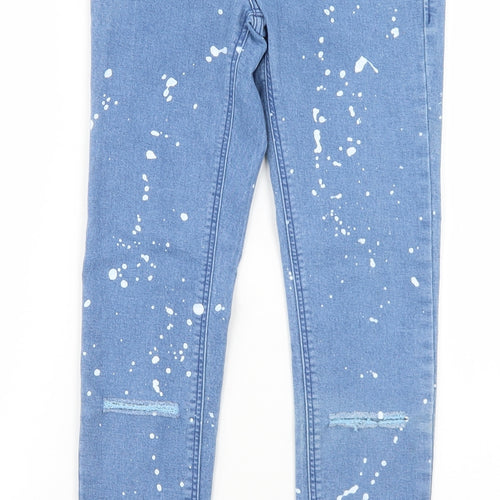 Zara Womens Blue Polka Dot Cotton Skinny Jeans Size 8 L25 in Regular Button - Paint Splatter Print