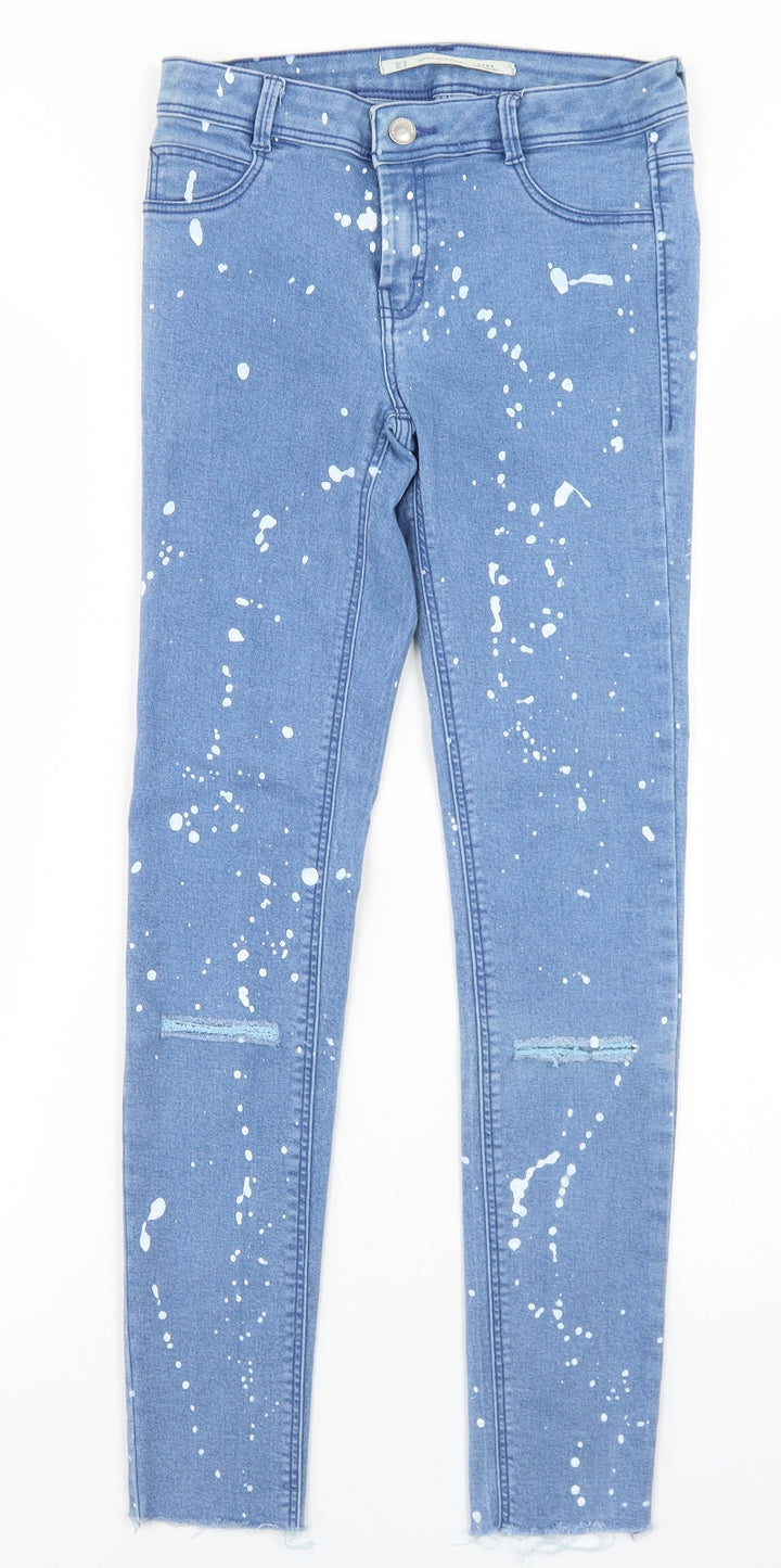 Zara Womens Blue Polka Dot Cotton Skinny Jeans Size 8 L25 in Regular Button - Paint Splatter Print