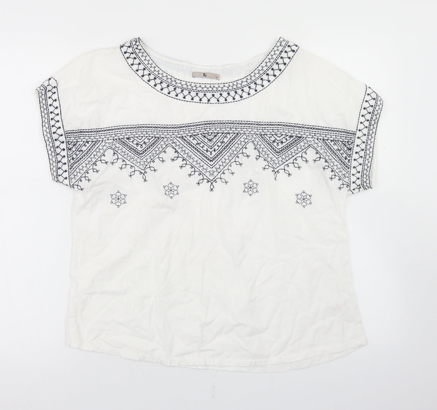 TU Womens White  Cotton Basic T-Shirt Size 12 Round Neck