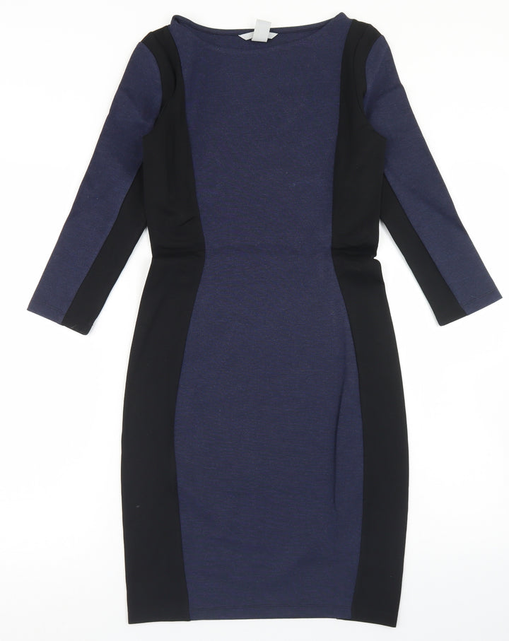 H&M Womens Blue Colourblock Viscose Bodycon  Size XS  Round Neck