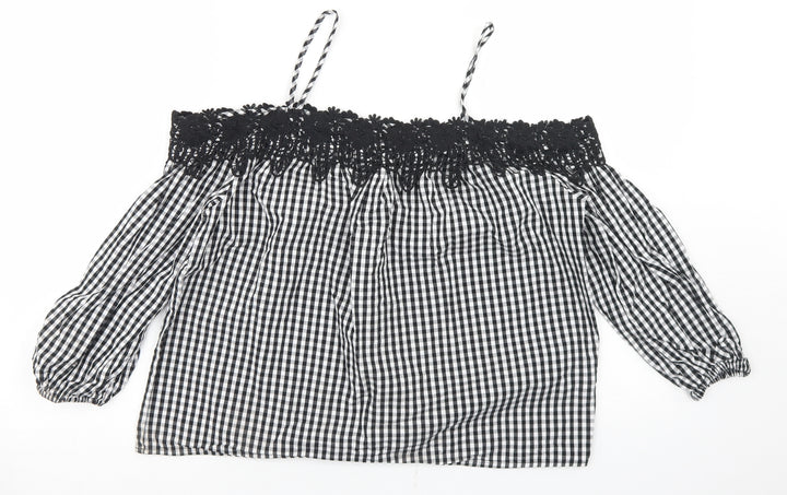 New Look Womens Black Check Cotton Cropped Blouse Size 8 Off the Shoulder - Lace Trim
