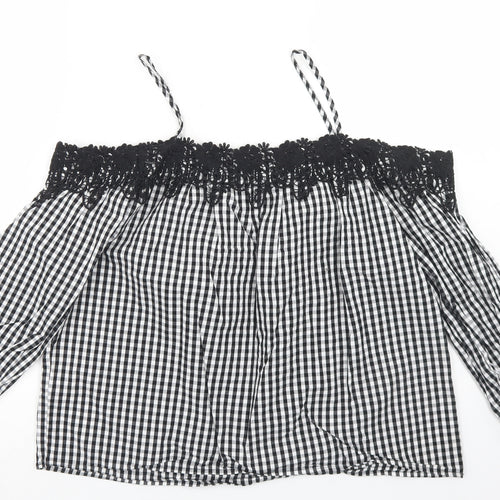 New Look Womens Black Check Cotton Cropped Blouse Size 8 Off the Shoulder - Lace Trim
