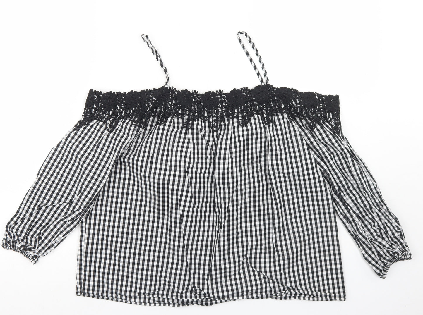 New Look Womens Black Check Cotton Cropped Blouse Size 8 Off the Shoulder - Lace Trim