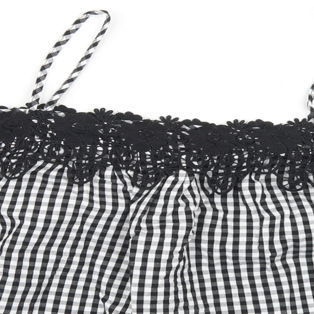 New Look Womens Black Check Cotton Cropped Blouse Size 8 Off the Shoulder - Lace Trim