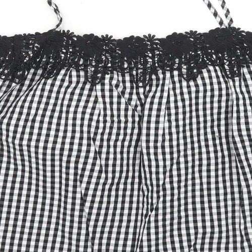 New Look Womens Black Check Cotton Cropped Blouse Size 8 Off the Shoulder - Lace Trim