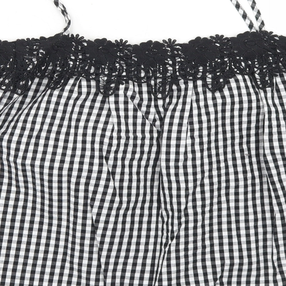 New Look Womens Black Check Cotton Cropped Blouse Size 8 Off the Shoulder - Lace Trim