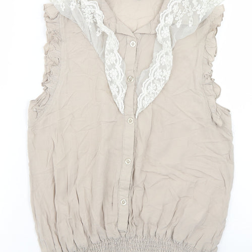 Apricot Womens Beige  Cotton Basic Blouse Size M Collared - Lace Trim