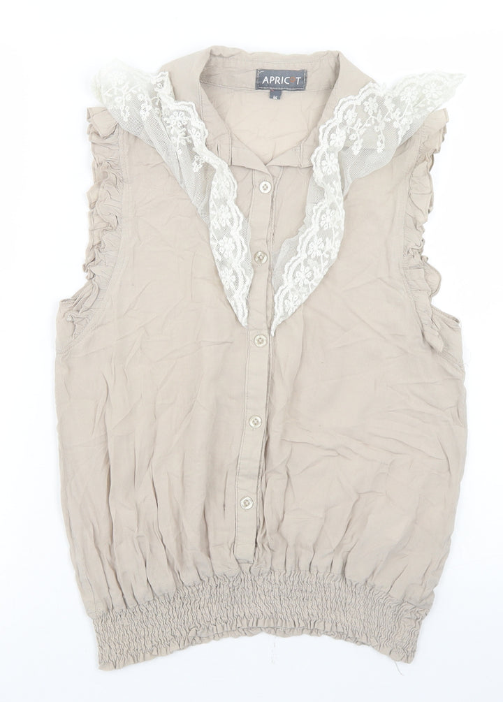 Apricot Womens Beige  Cotton Basic Blouse Size M Collared - Lace Trim