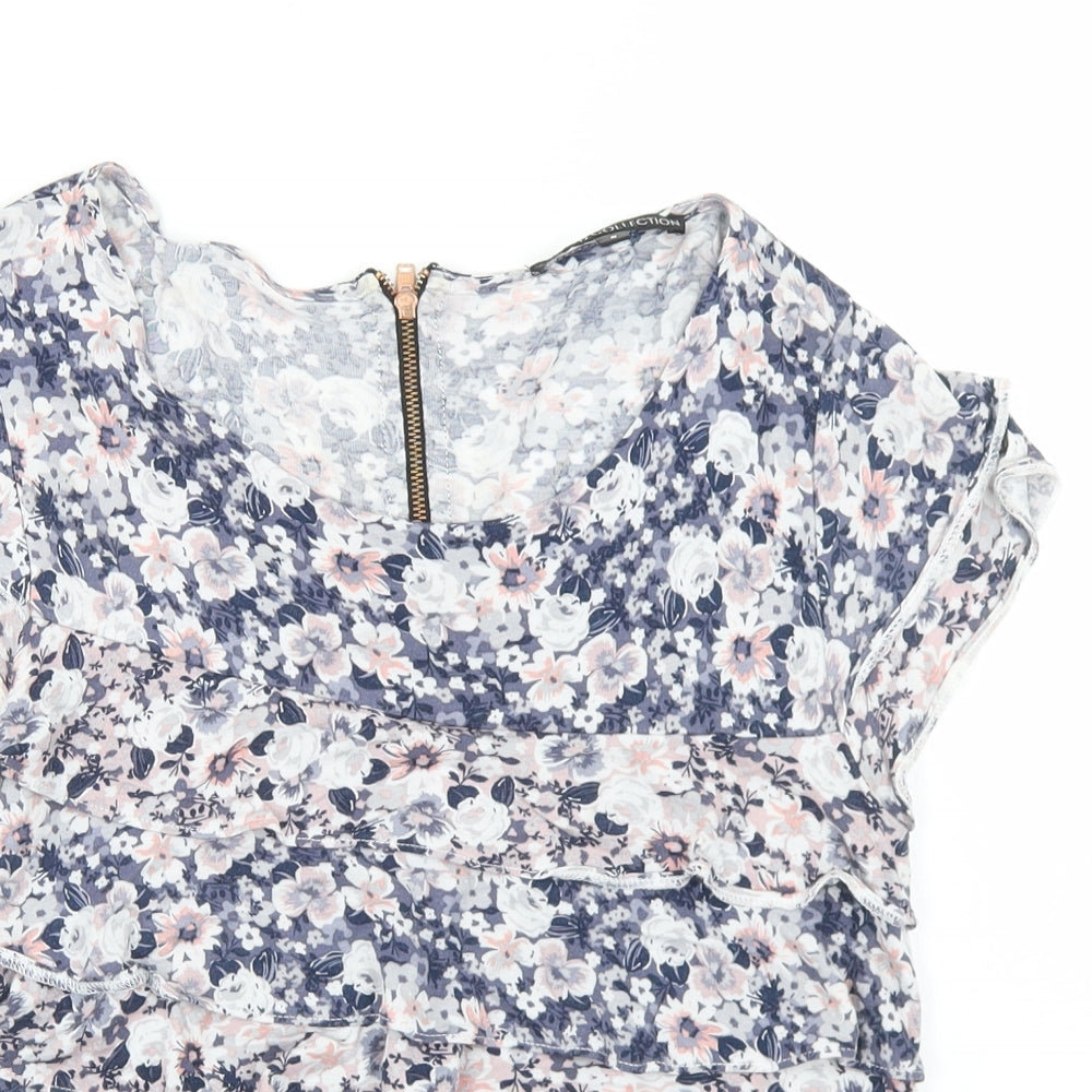 Marks and Spencer Womens Blue Floral Viscose Basic T-Shirt Size 8 Round Neck