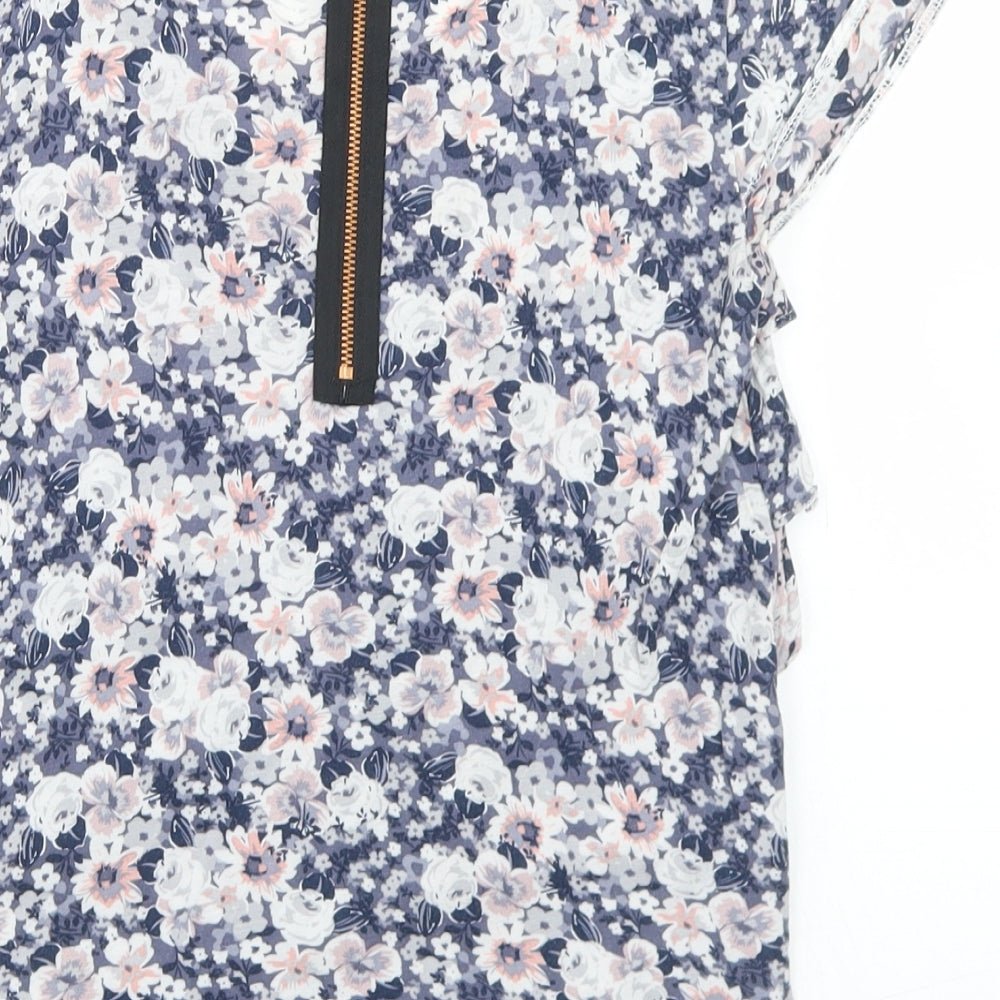 Marks and Spencer Womens Blue Floral Viscose Basic T-Shirt Size 8 Round Neck