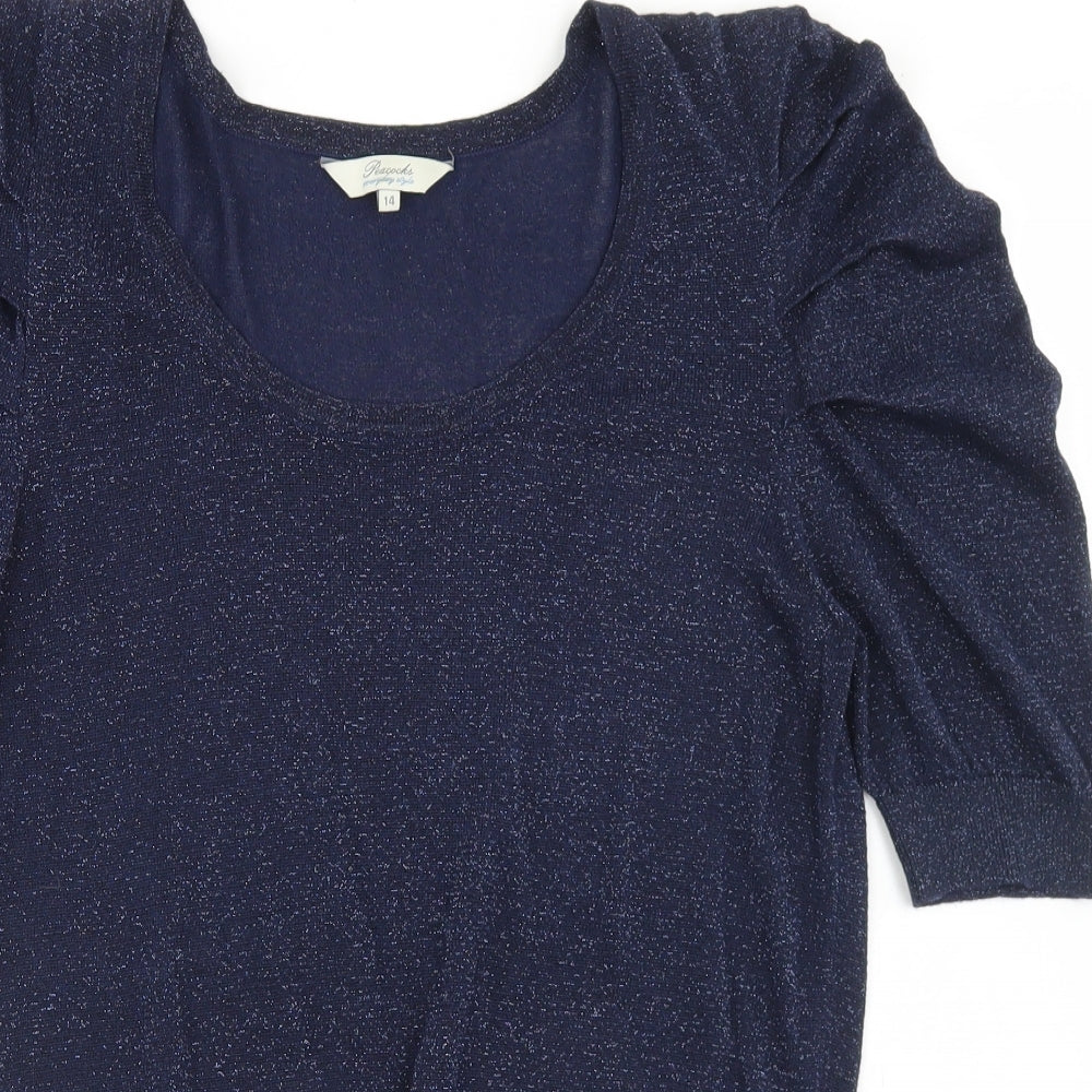 Peacocks Womens Blue Round Neck  Viscose Pullover Jumper Size 14   - Puff Sleeve