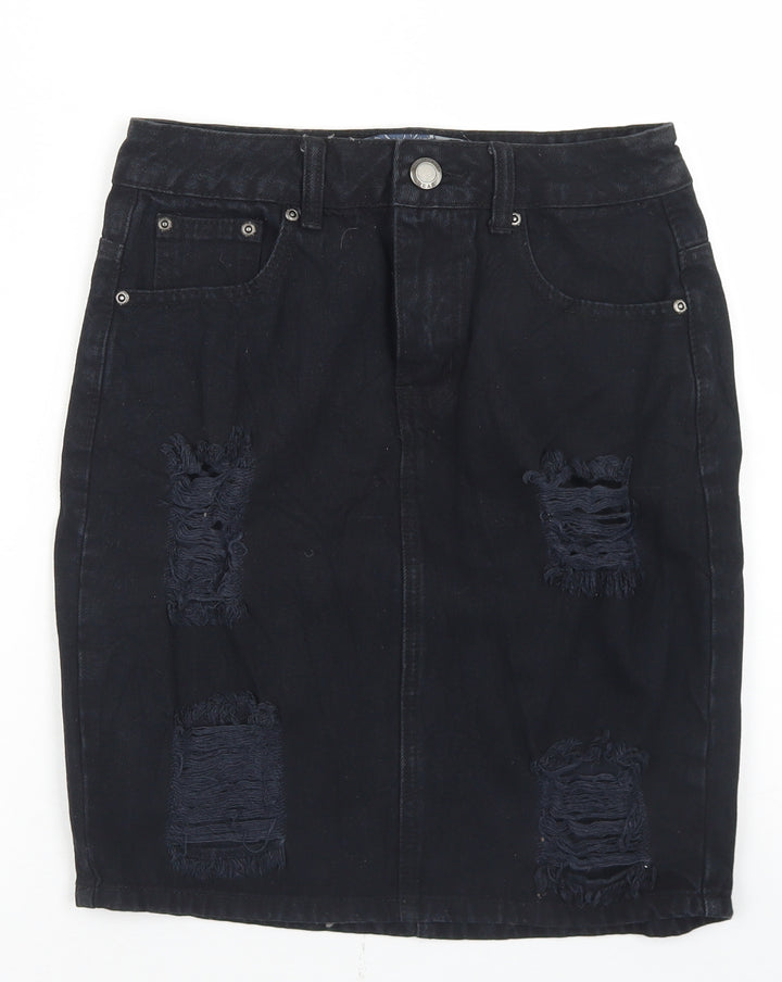 C&J Cosmic Womens Black Cotton Straight & Pencil Skirt Size 8 Button - Distressed